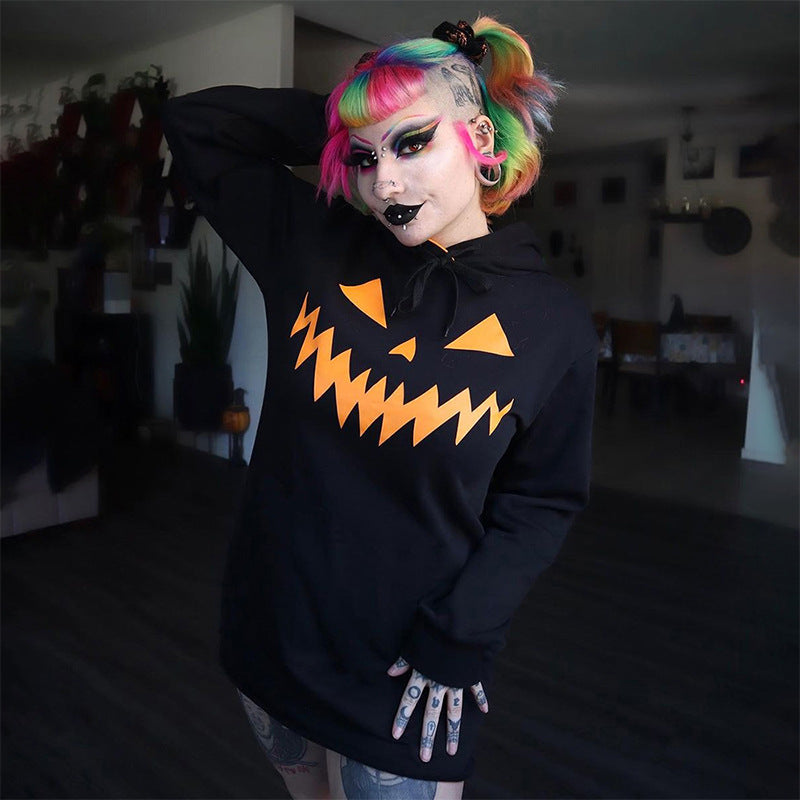 Vêtements pour femmes Costume d'Halloween Imprimé citrouille Sweat à capuche à manches longues avec cordons de serrage Robe pull