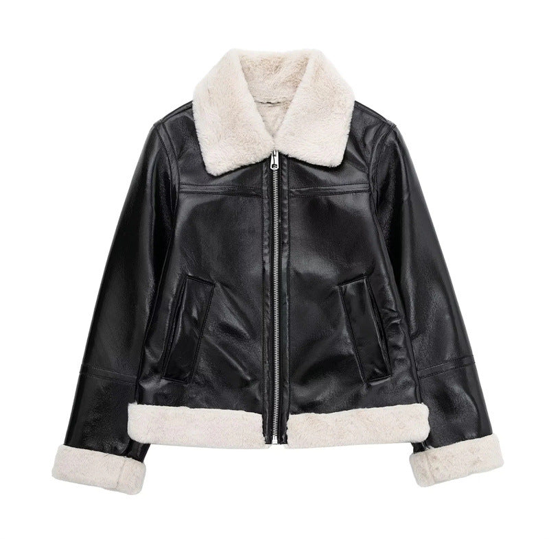 Chaqueta de piel sintética de otoño para mujer, chaqueta corta con cuello grande, ropa de motocicleta, abrigo para mujer