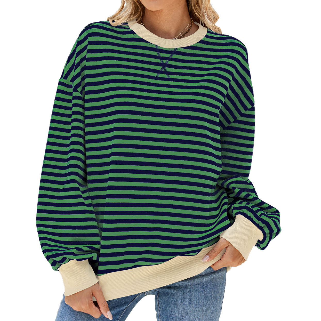 Autumn Winter Striped Round Neck Contrast Color Loose Long Sleeve Sweatershirt Coat Women