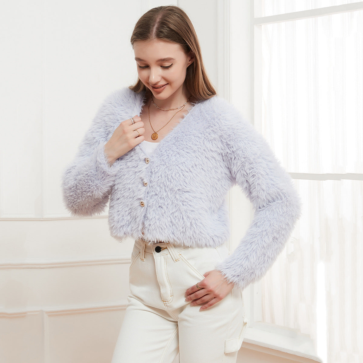 Cardigan à col en V en tricot pour femme, manteau court, pull doux et décontracté