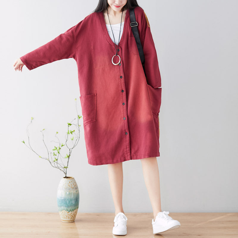 Spring Distressed Stitching Mid Length Coat Loose Artistic Trench Coat V neck Cardigan