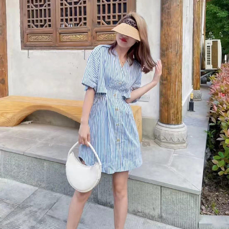 Summer New Retro Navy Style V-neck Short Sleeve Deconstructed Striped Shirt Dress