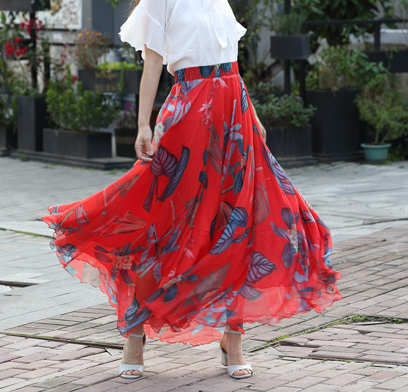 Chiffon Skirt Printed Floral High Waist Slimming