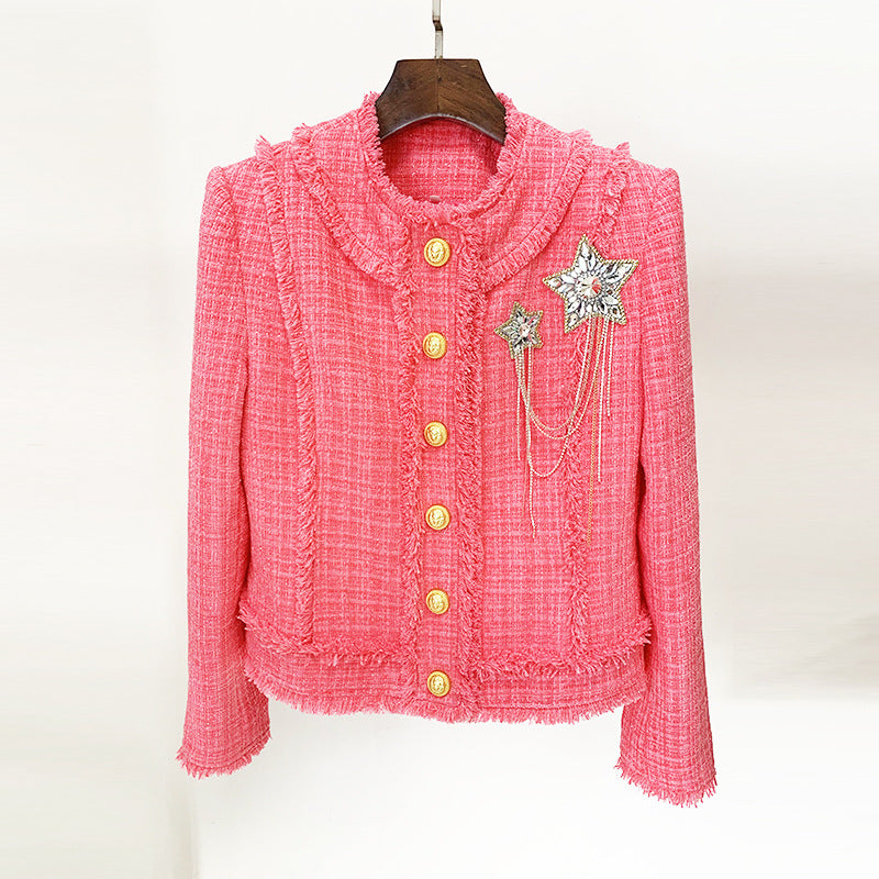 Otoño Invierno Estrellas Insignia De Cuentas Rosa Tweed Chaqueta De Lana Abrigo