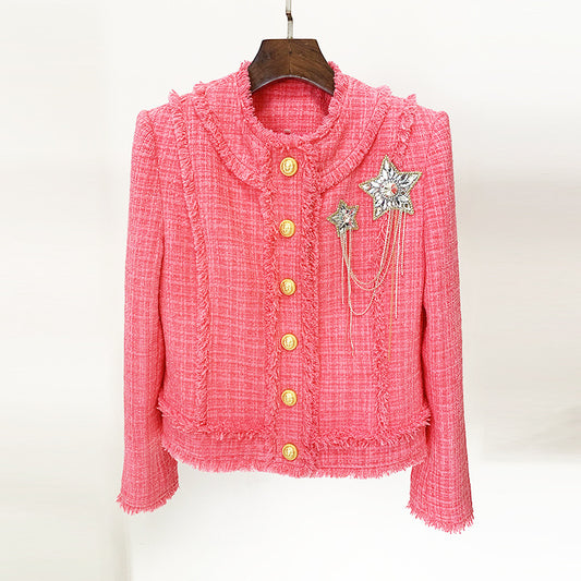 Otoño Invierno Estrellas Insignia De Cuentas Rosa Tweed Chaqueta De Lana Abrigo