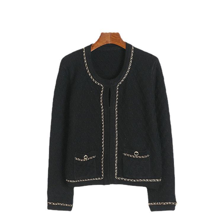 Classic Heavy Industry Chain Double Pocket Hidden Hook Cardigan Autumn Winter Socialite round Neck Knitted Top for Women