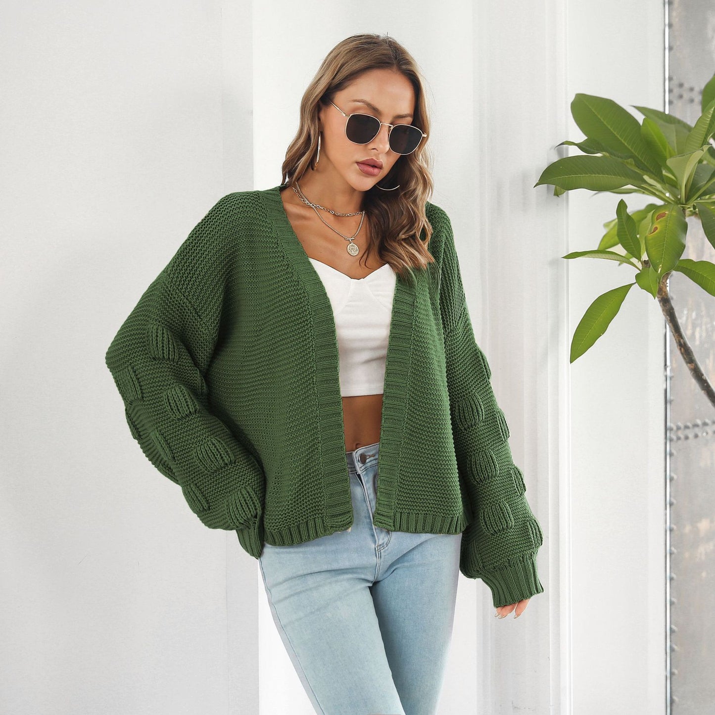 Three Dimensional Bubble Lantern Sleeve Loose Knitted Sweater Cardigan Coat Women Autumn Winter Women Sweater