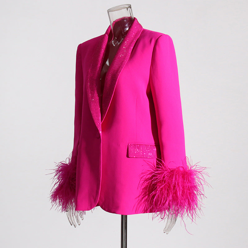 Blazer à la mode d'automne pour femmes, couture classique, plume d'autruche, diamant léger, décoratif