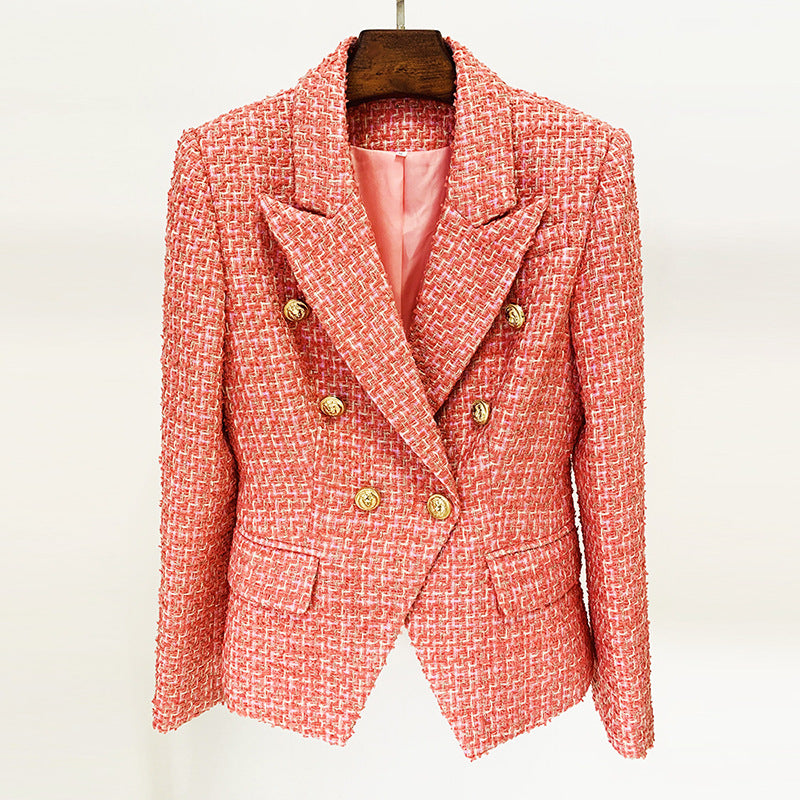 Blazer de tweed ajustado con doble botonadura y botones de cabeza de león de otoño e invierno