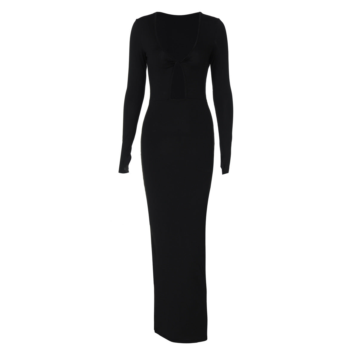 Women Clothing Winter Long Sleeve Deep V Plunge neck Sexy Hollow Out Cutout Slim Sheath Dress Women