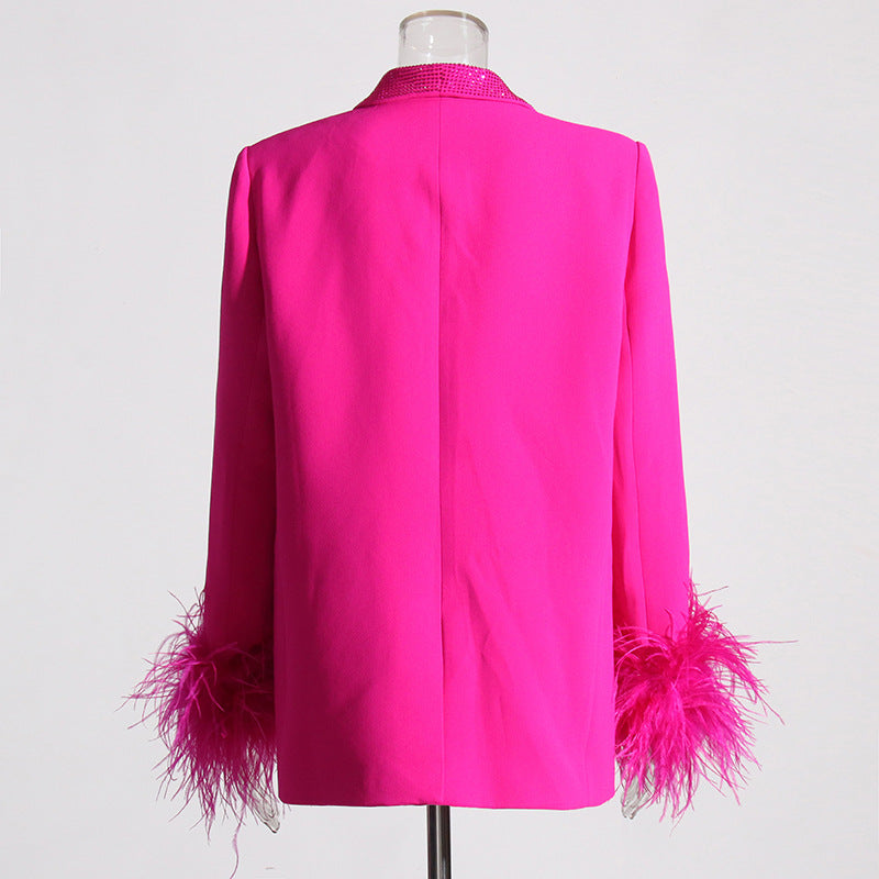 Blazer de moda de otoño para mujer, chaqueta decorativa clásica con costuras de plumas de avestruz y diamantes ligeros