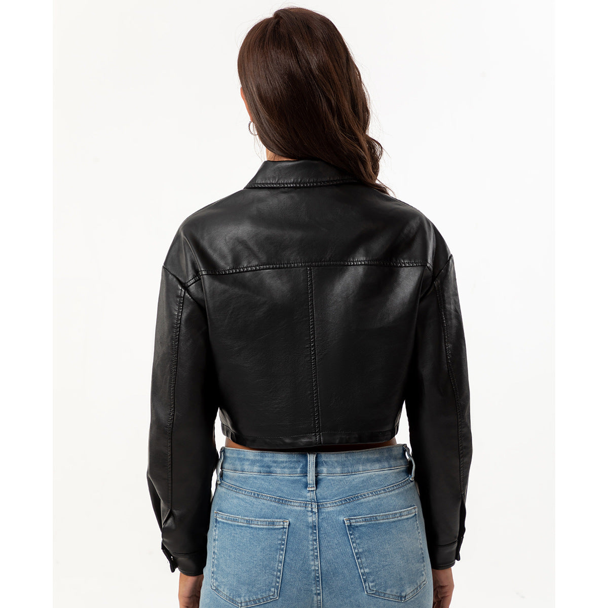 Spring Autumn Loose Casual Leather Clothing Women Long Sleeved Single Breasted Women Short Jacket Collared