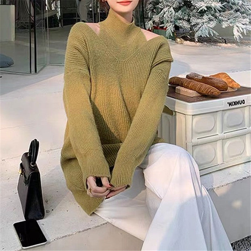 Wear Loose Lazy Mid Length off Shoulder Sweater Two Piece Sets Fall Winter Outer Wear Design Sweater