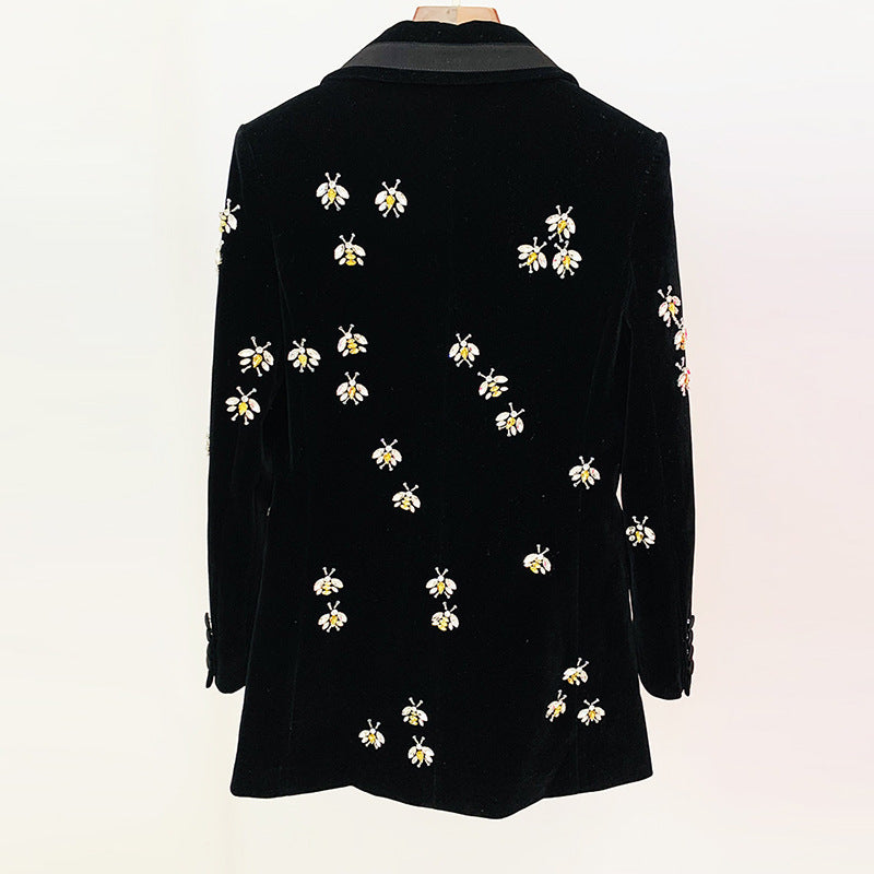 Otoño Invierno Estrella Slim Bee Exquisito Rhinestone Con Cuentas Terciopelo Blazer