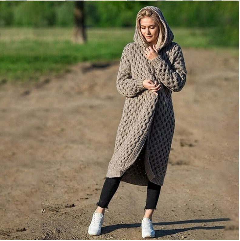 Otoño Invierno mantener caliente Color sólido ropa de mujer suéter de punto largo con capucha chaqueta de punto