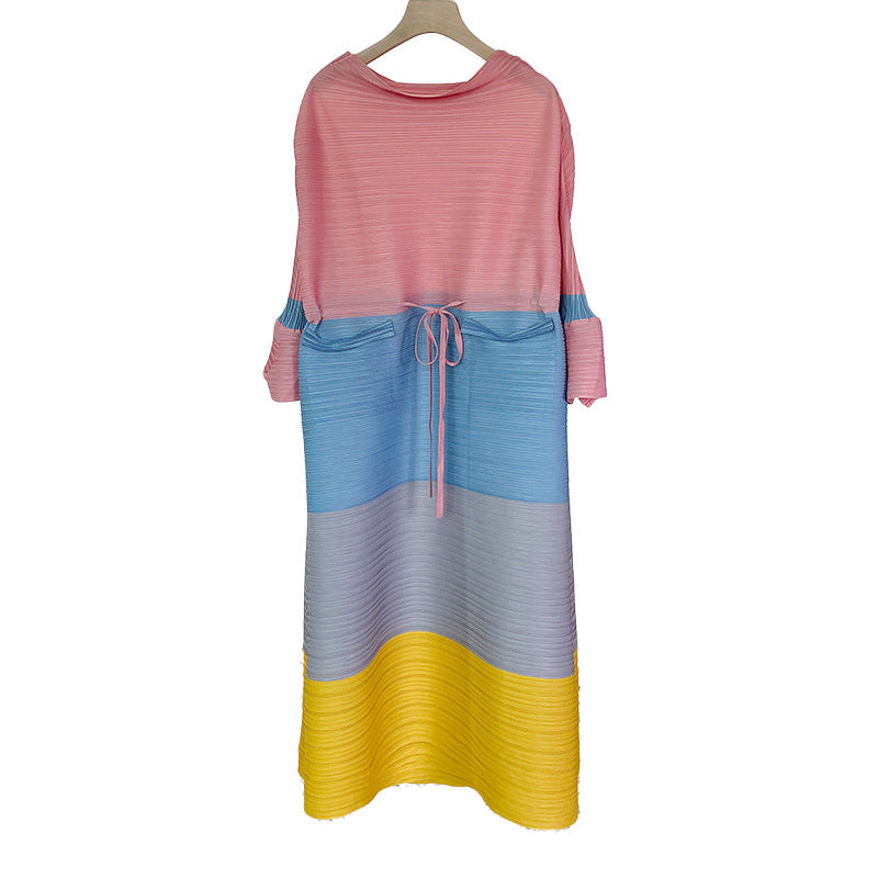 Color Matching Pleated Bell Sleeve Dress Fashion Gradient