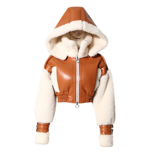 Abrigo corto de piel de cordero de una pieza para mujer, almazuela Retro de invierno, chaqueta con capucha de Color contrastante para motocicleta, Top