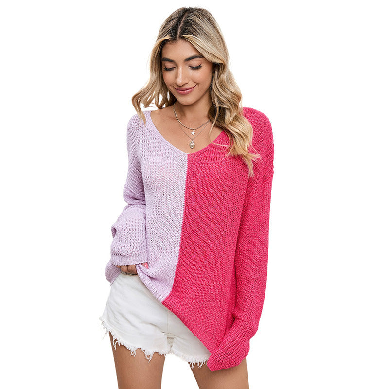 Suéter de cuello en V a juego de colores para otoño e invierno, jersey informal holgado de manga larga de punto que combina con todo para mujer