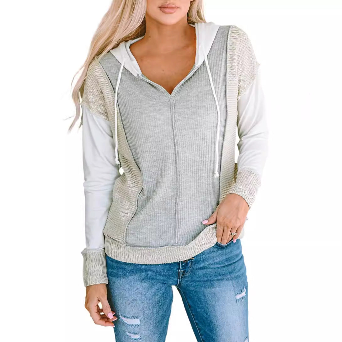 Early Autumn Color Matching Hoodie Women Casual Texture Knitted Long Sleeved Sweater Women