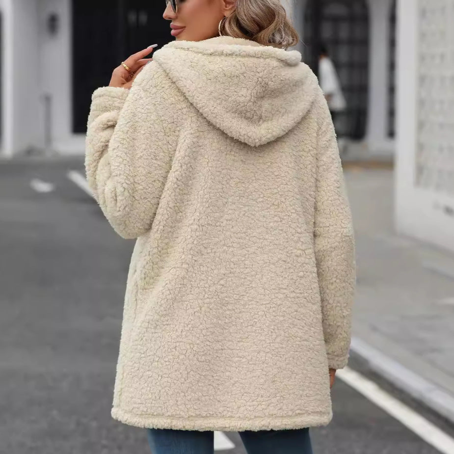 Arrival Women Clothing Autumn Winter Cardigan Hooded Mid Length Loose Zip Plush Coat for Women