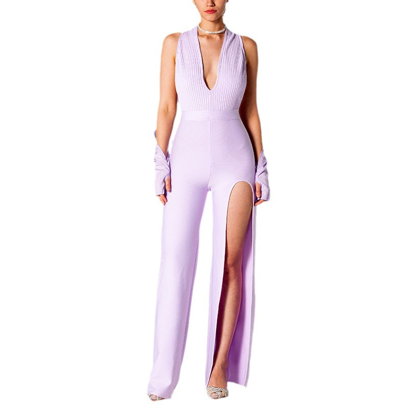 Summer Backless Halter V-neck Slimming Backless Slit Jumpsuit