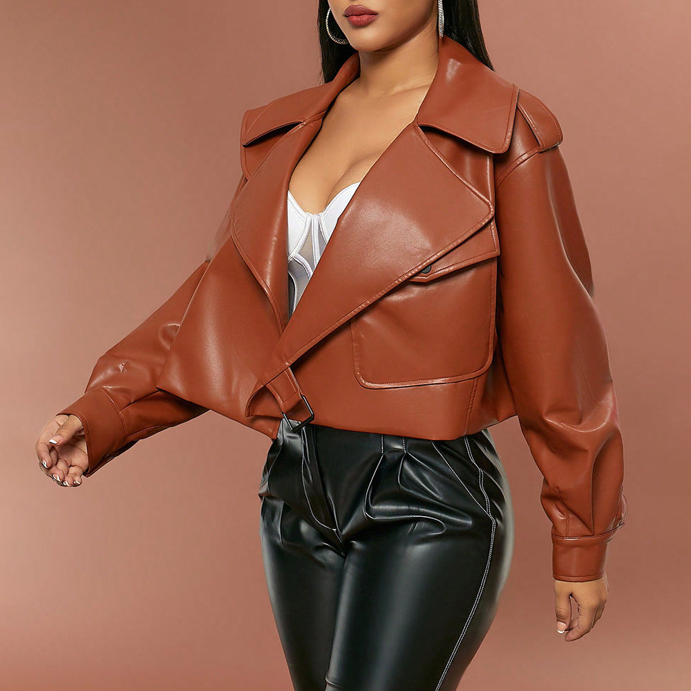 Spring Autumn Women Faux Leather Jacket Solid Color Collared Long Sleeve Leather Jacket