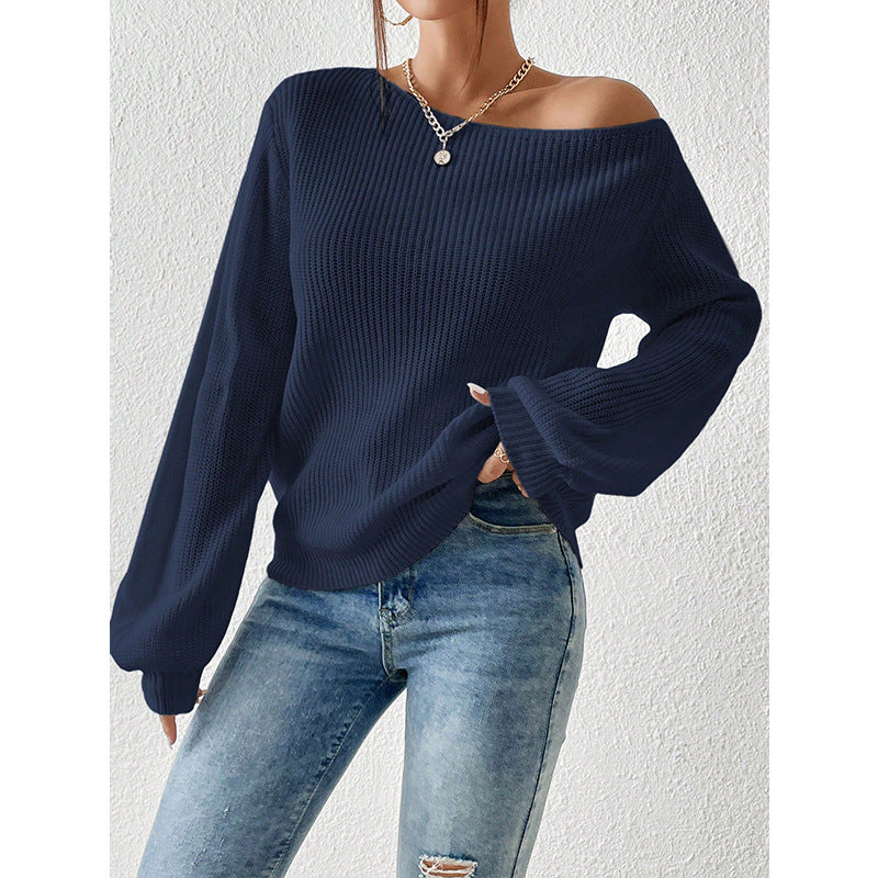 Pull sexy sans bretelles à col diagonal pour femme, couleur unie, ample et paresseux, automne et hiver