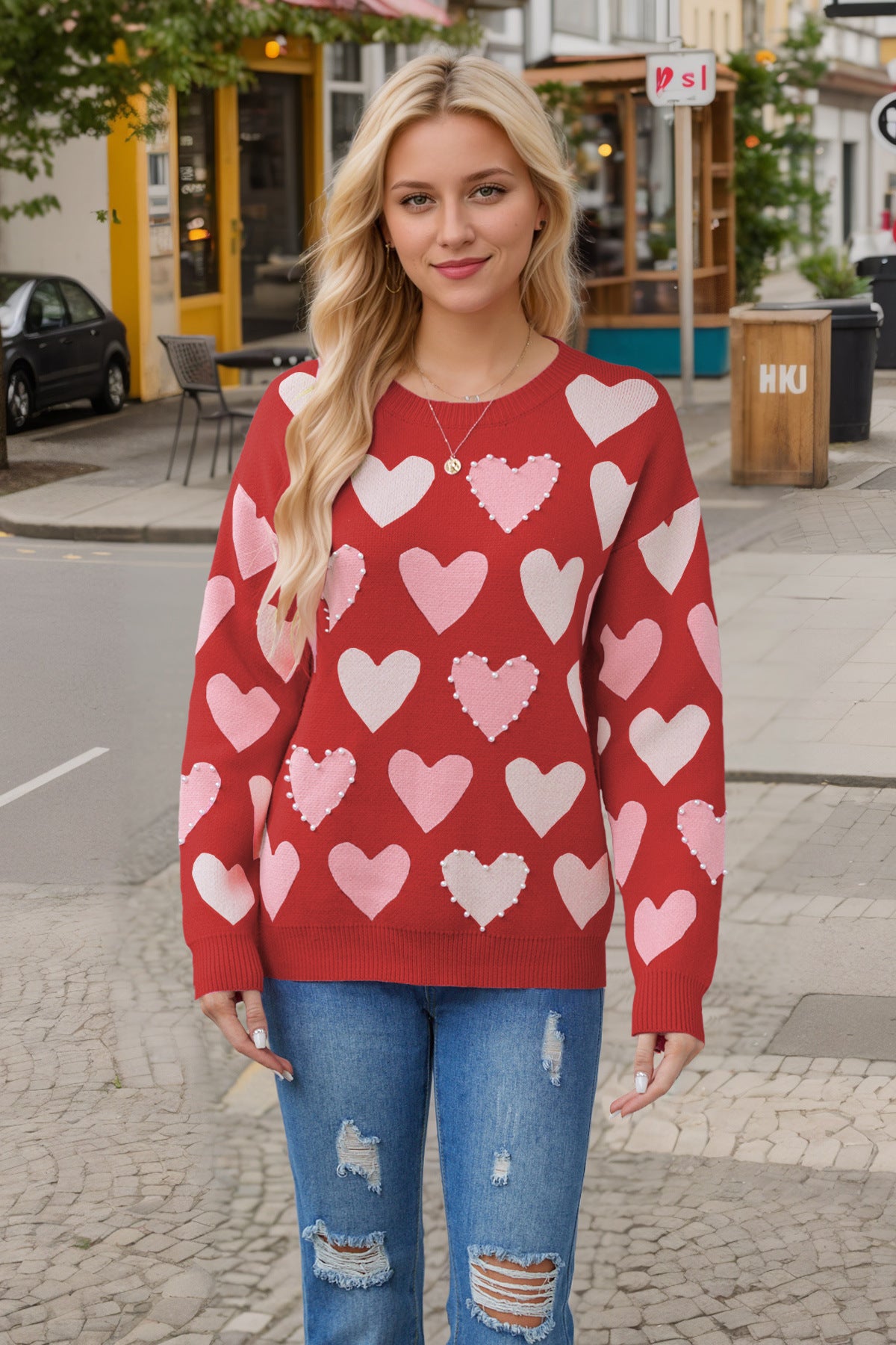 Pull-over pêche à col rond fait main avec perles en forme de cœur pour la Saint-Valentin, automne et hiver