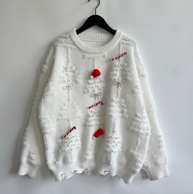 Handmade Pearl Christmas Theme Sweater Three Dimensional Decoration Year Holiday Sweater Pullover Women