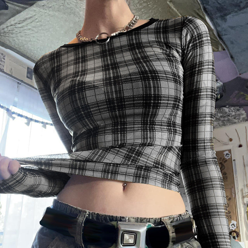 Sweet Spicy Retro Black Gray Color Matching Plaid See through Slim Fit Short Mesh T shirt Autumn Personality Slim Fit Top