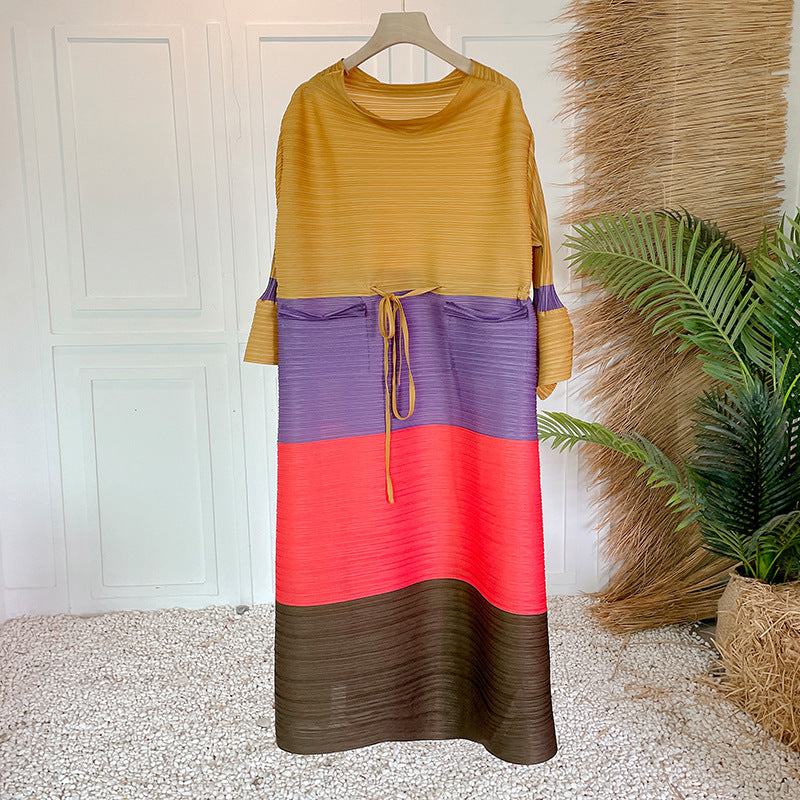 Color Matching Pleated Bell Sleeve Dress Fashion Gradient