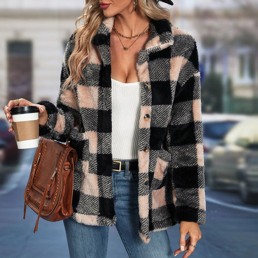 Women Tops Autumn Winter Women Square Plaid Collared Flannel Coat