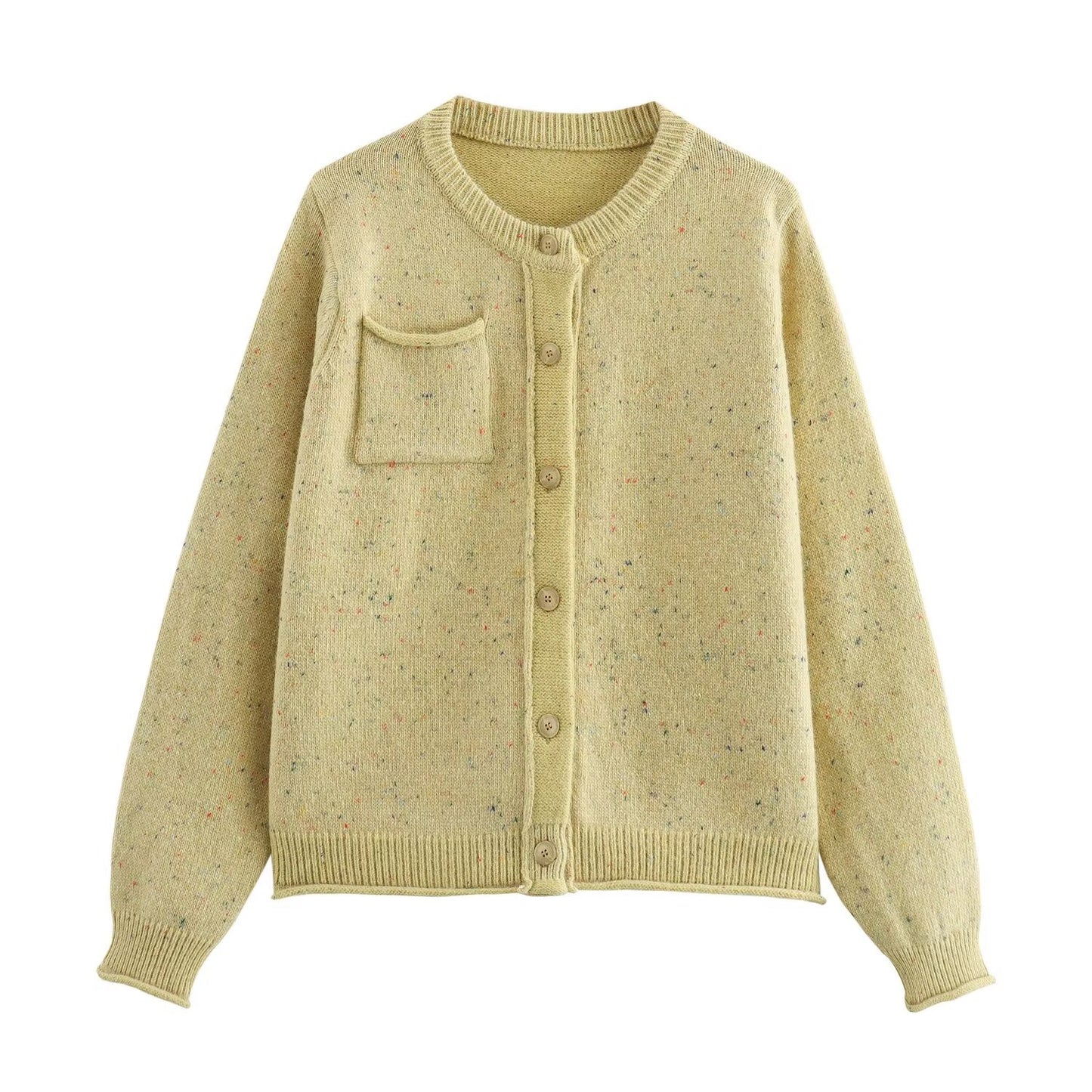 Vêtements d'automne pour femmes à la mode simple tissu arabesque à pois poche col rond manches longues cardigan tricoté