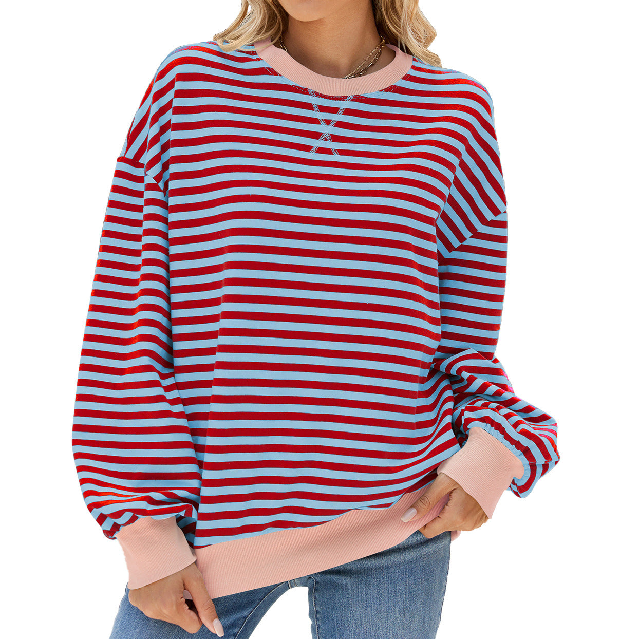 Autumn Winter Striped Round Neck Contrast Color Loose Long Sleeve Sweatershirt Coat Women