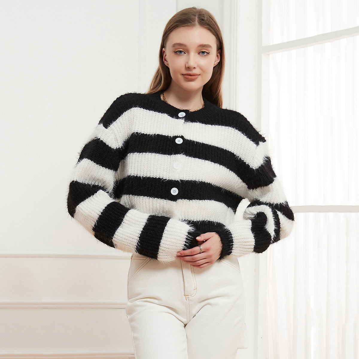 Women Clothing Knitted round Neck Buckle Striped Cardigan Sweater Soft Knitted Autumn Winter Casual Knitted Coat Top