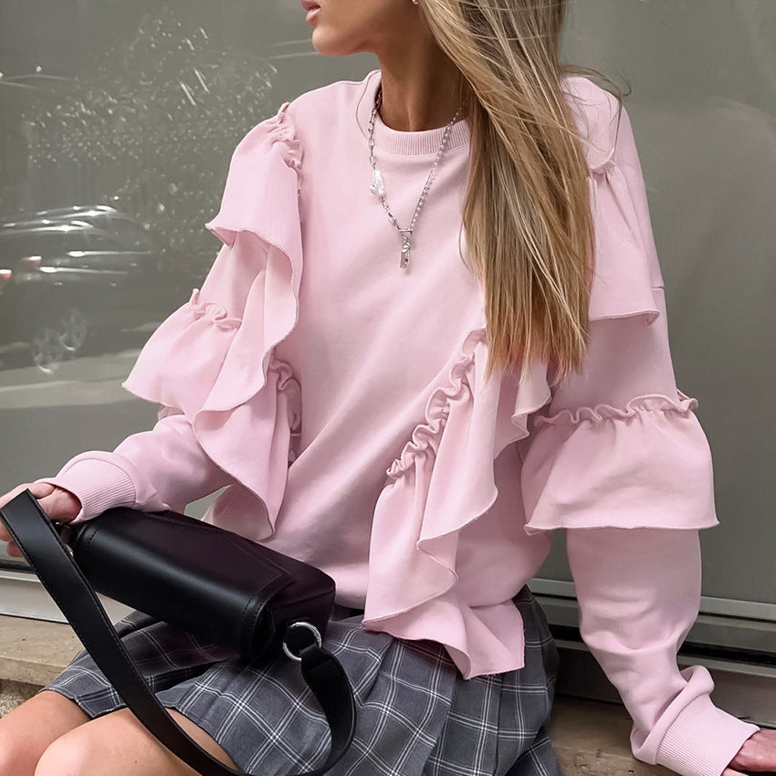 Fall Gentle Pink Elegant Knitted Ruffled Round Neck Drop-Shoulder Sleeve All Matching Loose Casual Sweater Women