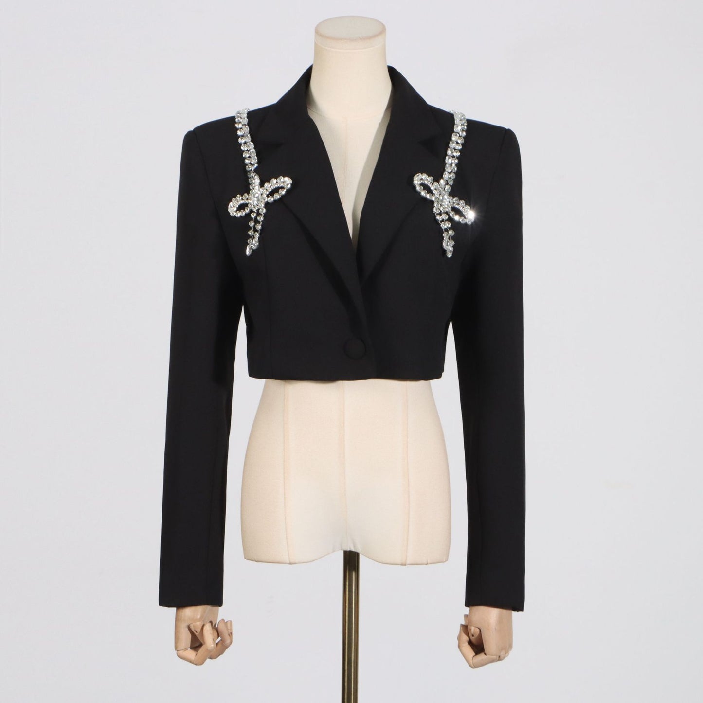 Blazer de mujer de manga larga corta con cuello en V y diseño de costura de lazo con diamantes de imitación para otoño