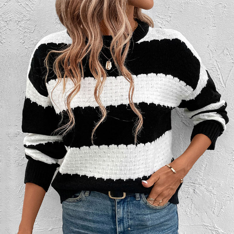 Autumn Fashionable Knitted Sweater Round Neck Long Sleeve Black White Color Matching Sweater