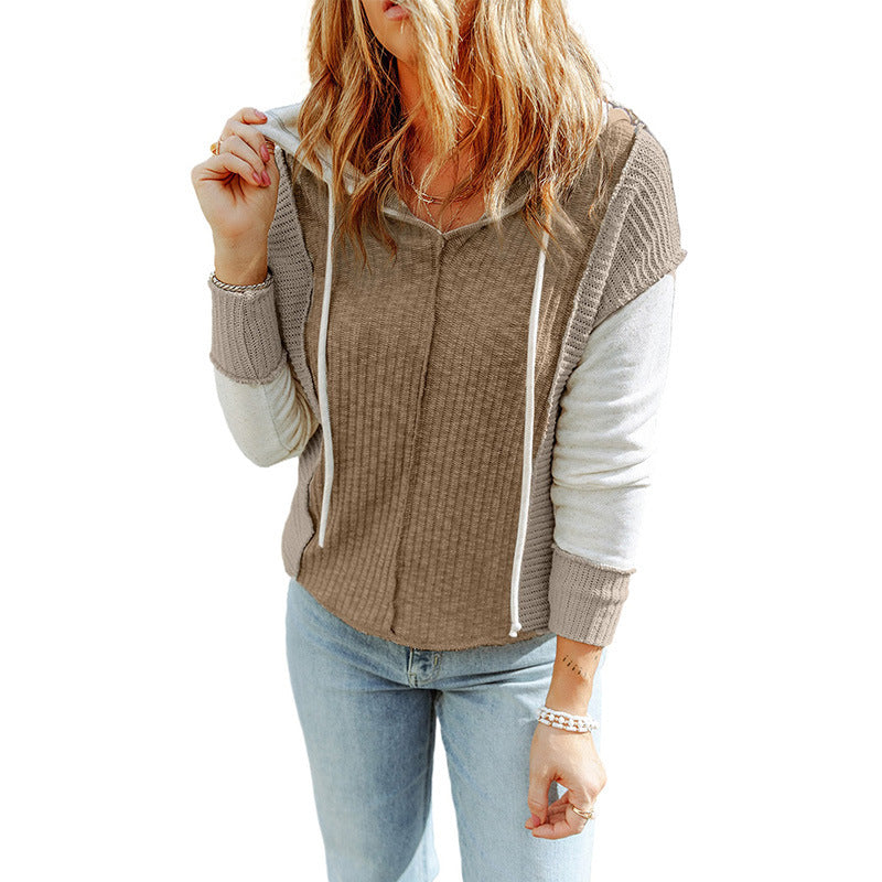 Early Autumn Color Matching Hoodie Women Casual Texture Knitted Long Sleeved Sweater Women