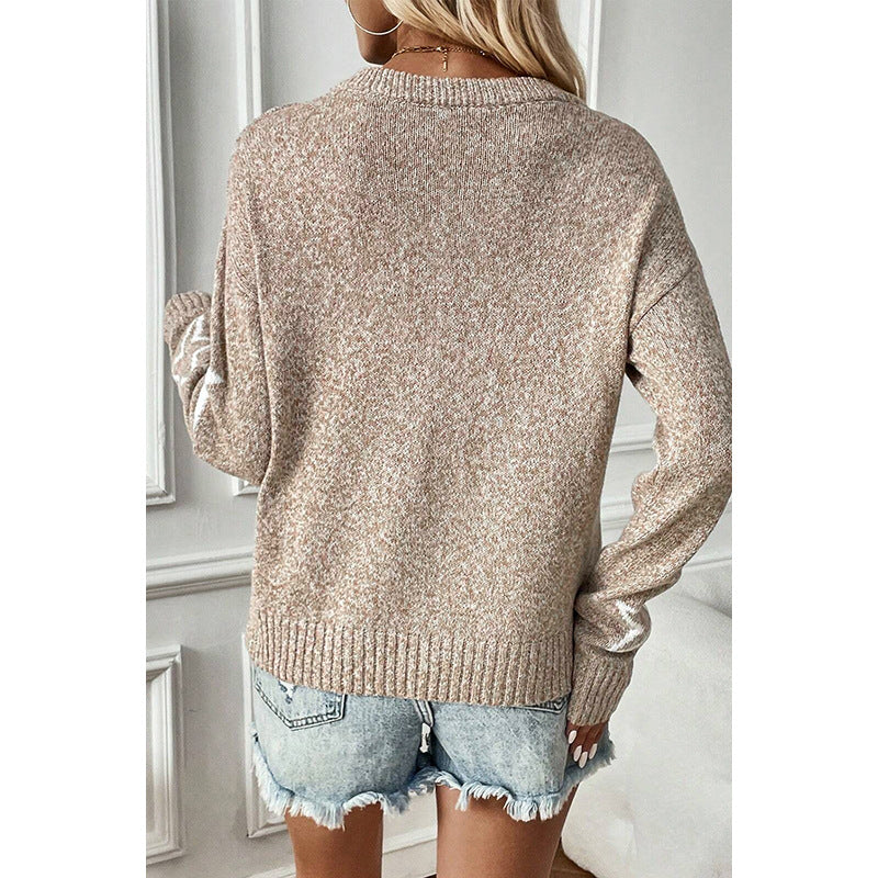 Pull à motif d'hiver pour femme, haut décontracté à manches longues et épaules amples en tricot pour femme