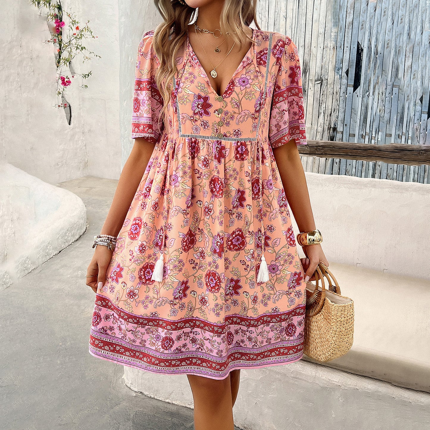 Robe décontractée à manches courtes et imprimé floral pour les vacances