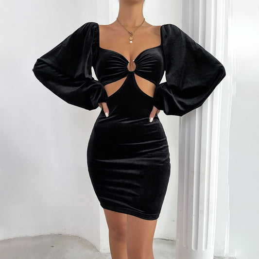 Robe d'Halloween en velours à manches bouffantes et à taille ajustée pour femme