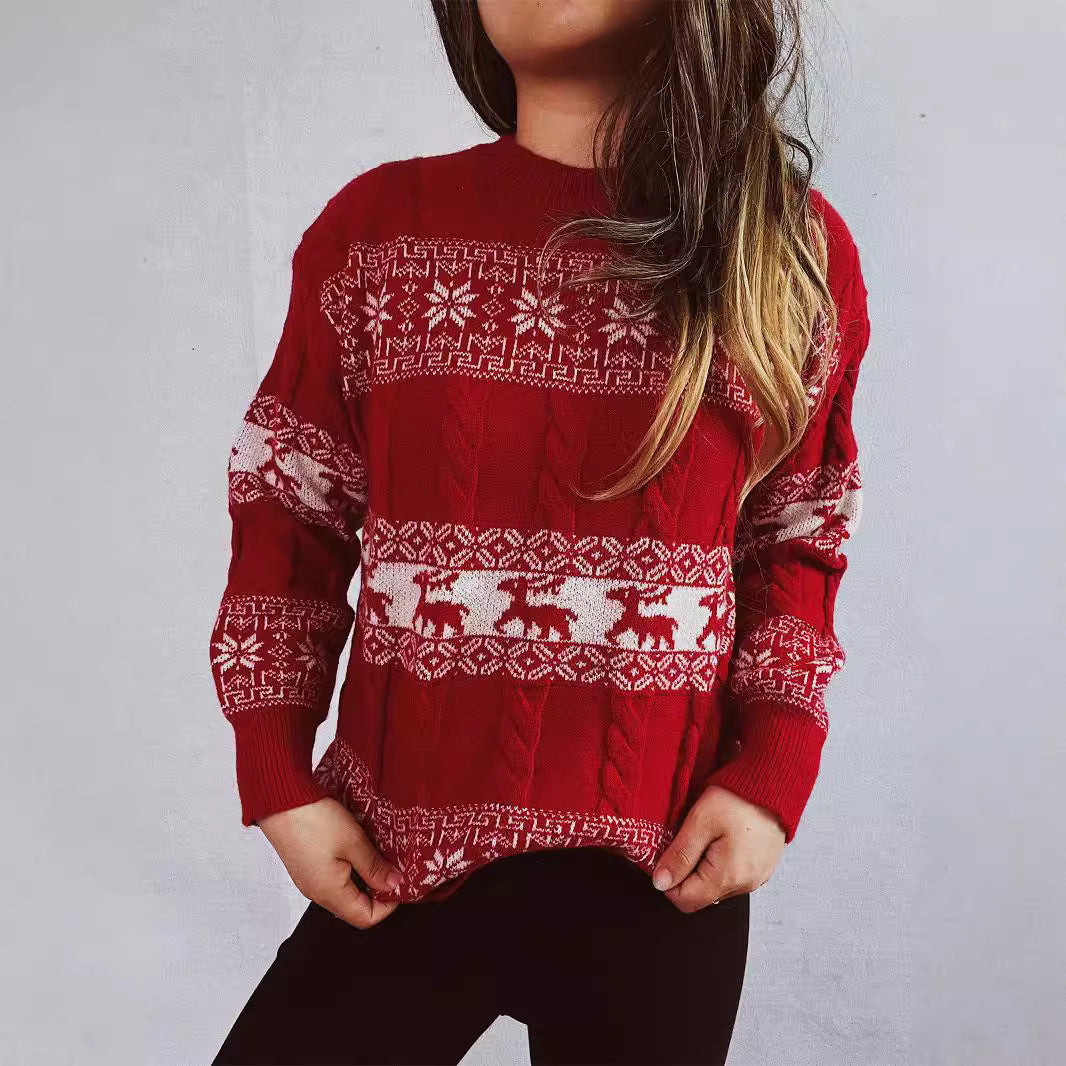 Arrival Autumn Winter Retro Elk Snowflake Jacquard Christmas Sweater round Neck Pullover Knitting Acrylic Sweater