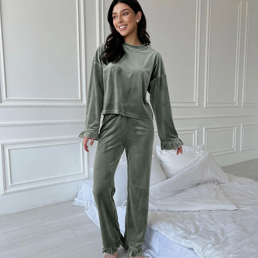 Pantalon tricoté à volants à manches longues pour femme, vêtement d'intérieur confortable et décontracté, pyjama à col rond