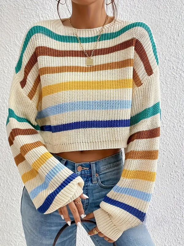 Suéter de otoño e invierno para mujer, jersey de cuello redondo, suéter clásico a rayas, top informal holgado para mujer