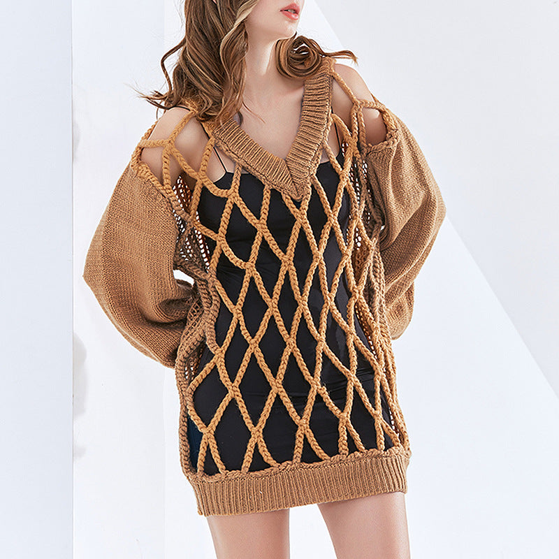 Fall Winter Trend Model Design V-neck Personality Mesh Weaving Hollow Out Cutout Lantern Sleeve Loose Women Sweater