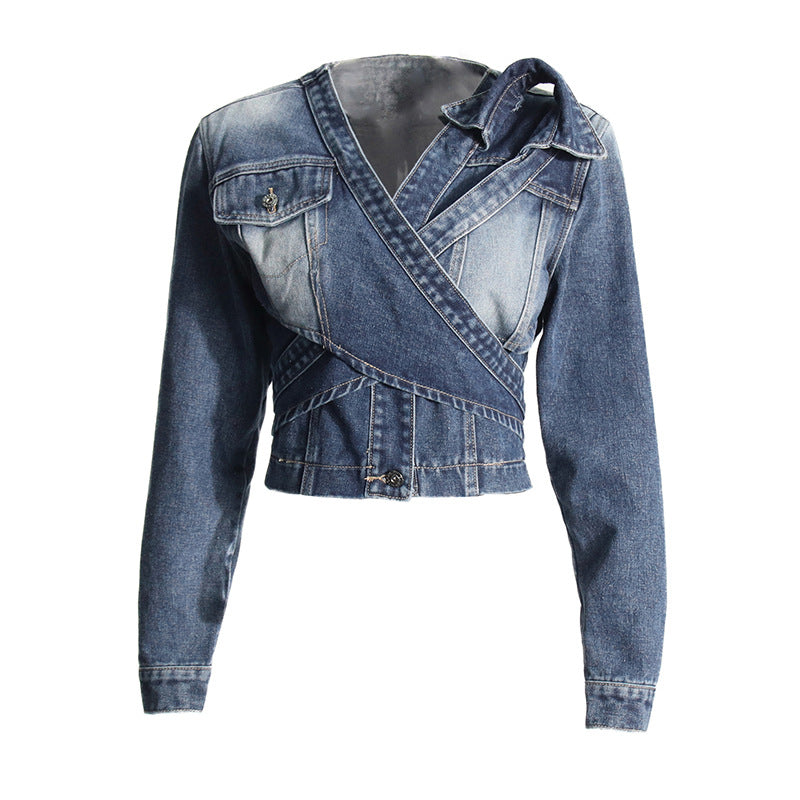 Summer Niche Special V neck Cross Asymmetric Lace up High Grade Short Denim Coat