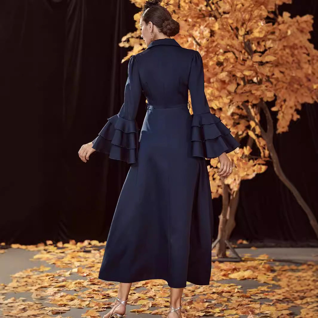 Vestido tipo gabardina de cintura alta con doble botonadura para mujer, otoño e invierno