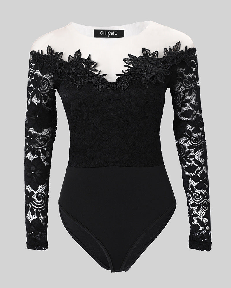 V Off-the-shoulder Long Sleeve Lace Jumpsuit