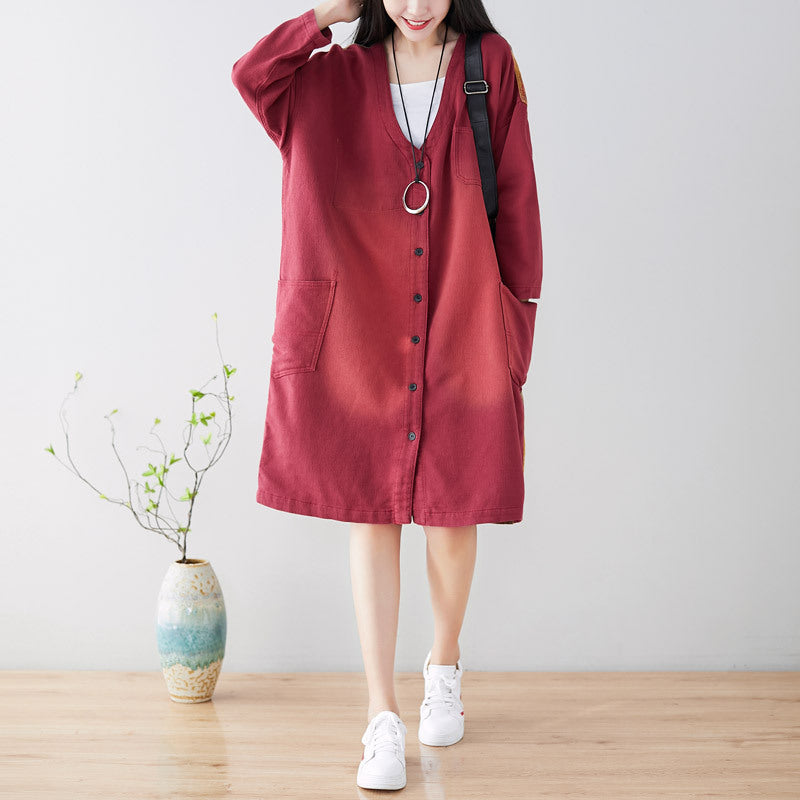 Spring Distressed Stitching Mid Length Coat Loose Artistic Trench Coat V neck Cardigan